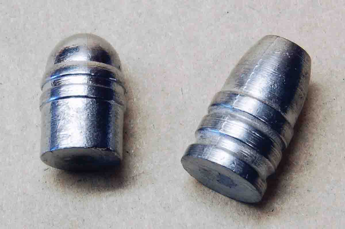 The difference between an outside lubed heeled bullet (left) and a conventional inside lubed bullet (right) is obvious.